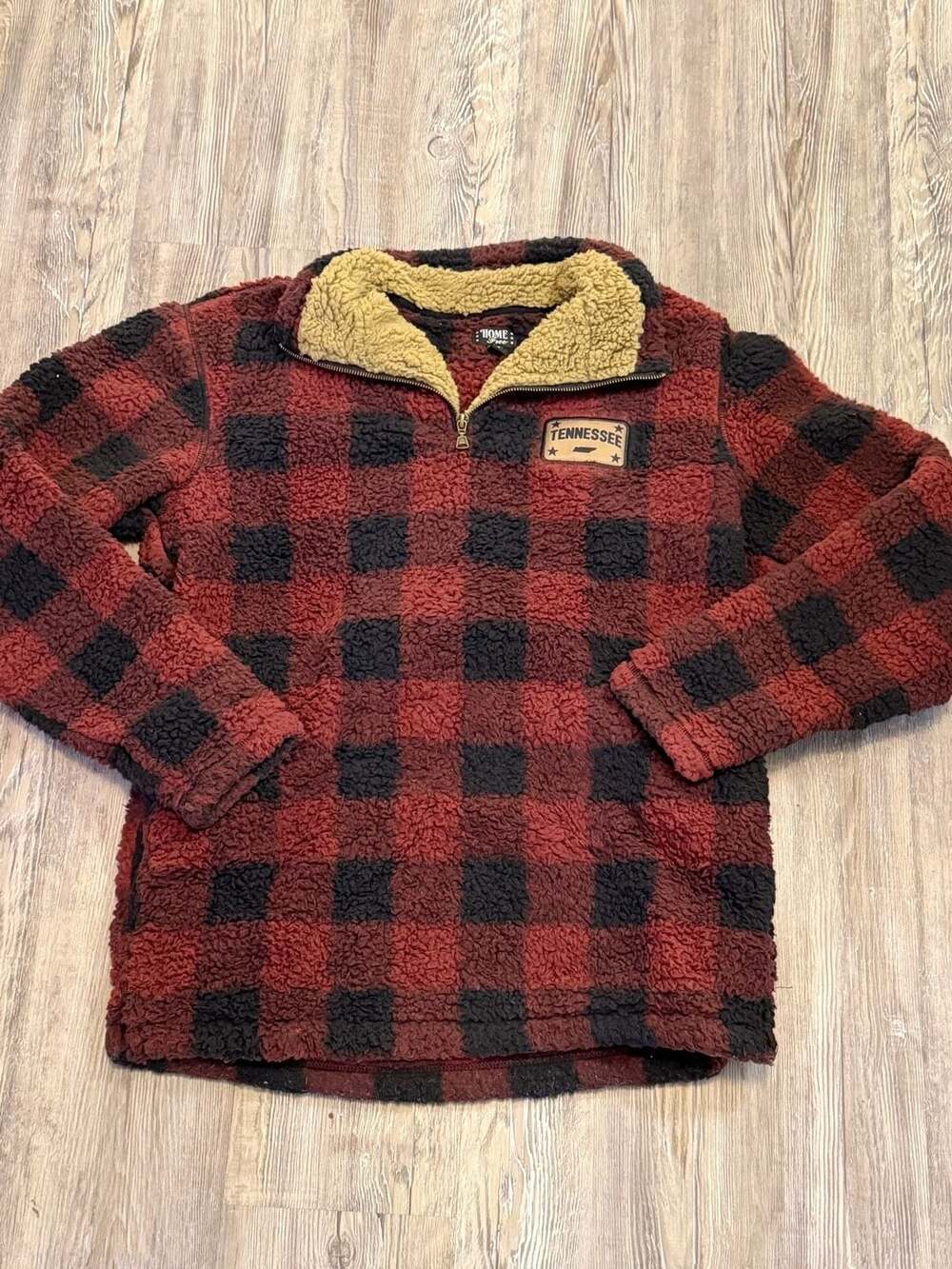 Home Free Tennessee Sherpa Fleece Pullover Size M 38/40 Red Black Plaid
